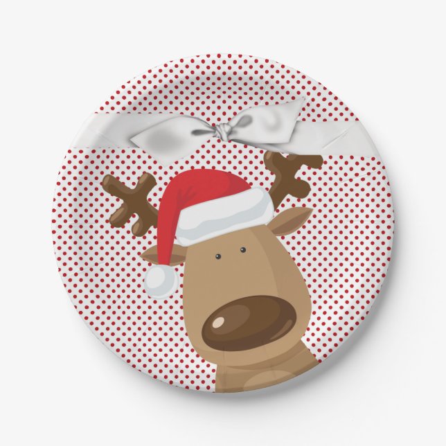 7" Round Paper Plate Reindeer Christmas XMAS Polka (Front)