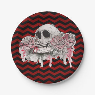 7" Round Paper Plate skull Rose Gothic Chevron red