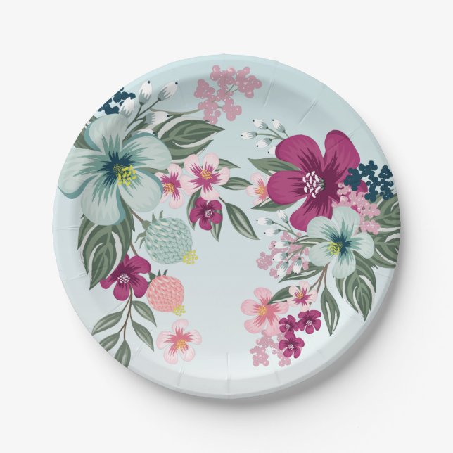 7" Round Paper Plate Tropical Flower on Blue Ombre (Front)