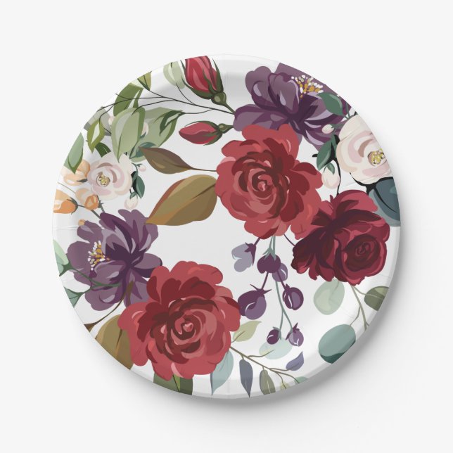 7" Round Paper Plate White Roses Gold Geometric (Front)