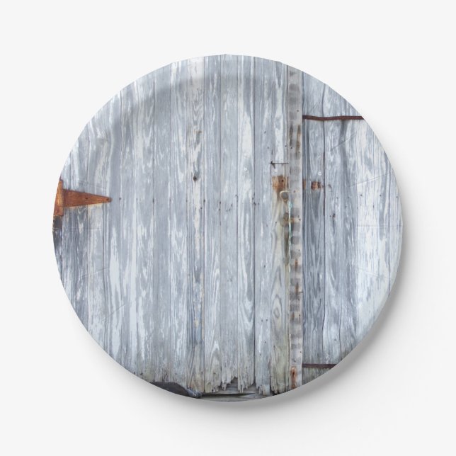 7" Round Paper Plate White Wash Wood Barn Door Cou (Front)