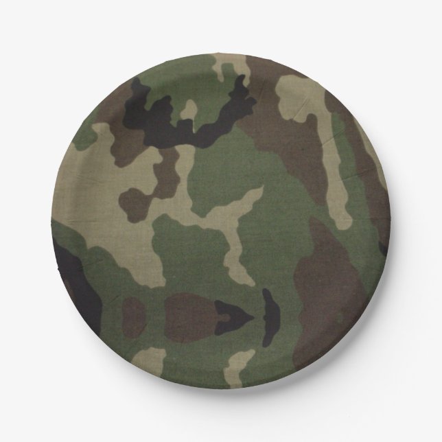 7" Round Paper Plate Woodland Camo (Front)