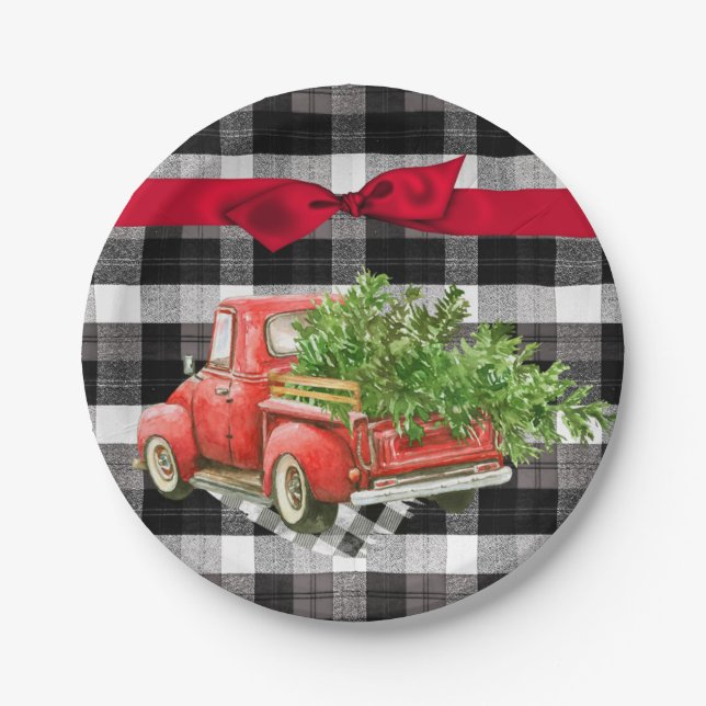 7" Round Paper Plate XMAS Truck Buffalo Plaid Blac (Front)