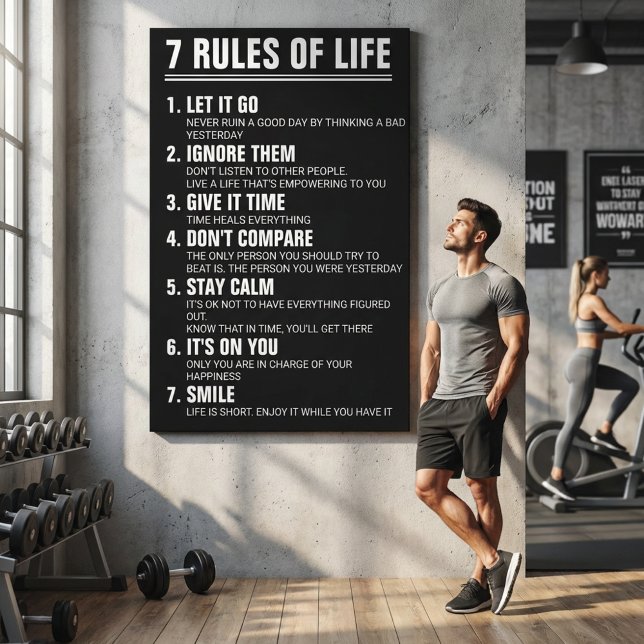 7 Rules of Life Motivational Quote Modern Script Canvas Print (7 Rules of Life Motivational Quote Modern Black & White Inspirational Wall Art)