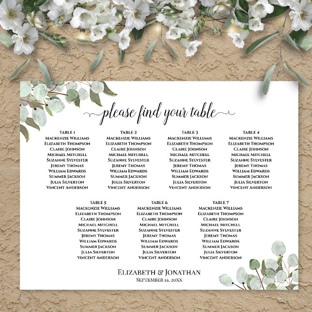 7 Table Rustic Eucalyptus Wedding Seating Chart (In Situ on Wall with Flowers)