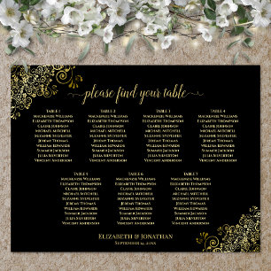 7 Table Wedding Seating Chart Gold Frills on Black