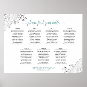 7 Table White & Teal Frilly Wedding Seating Chart