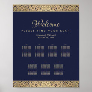 7 Tables Navy Blue Wedding Seating Chart Gold Rose