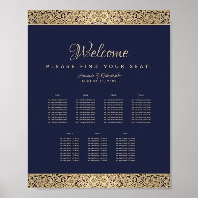 7 Tables Navy Blue Wedding Seating Chart Gold Rose (Front)