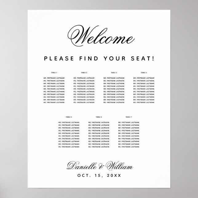 7 Tables Simple Black White Wedding Seating Chart (Front)