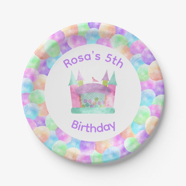 7" Watercolor Bounce House Birthday Paper Plate (Front)