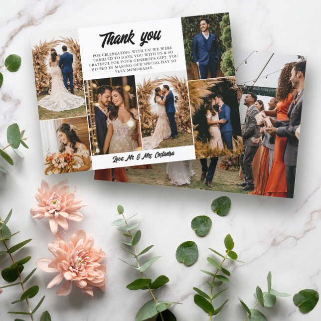 7 Wedding Photos Retro Script Thank You Card (Creator Uploaded)