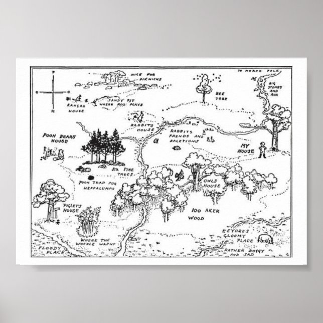 7'' X 5'' Vintage Style 100 Acre Woods Map Poster (Front)