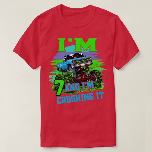 7 year old Crushing It Monster Truck 7th Birthday T-Shirt (Design Front)