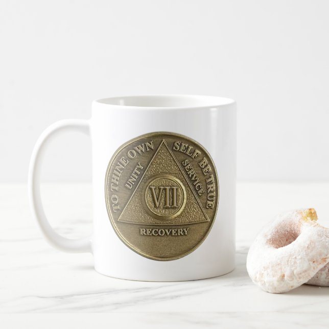 7  Year Sober Medallion Coin Happy Anniversary Coffee Mug (With Donut)