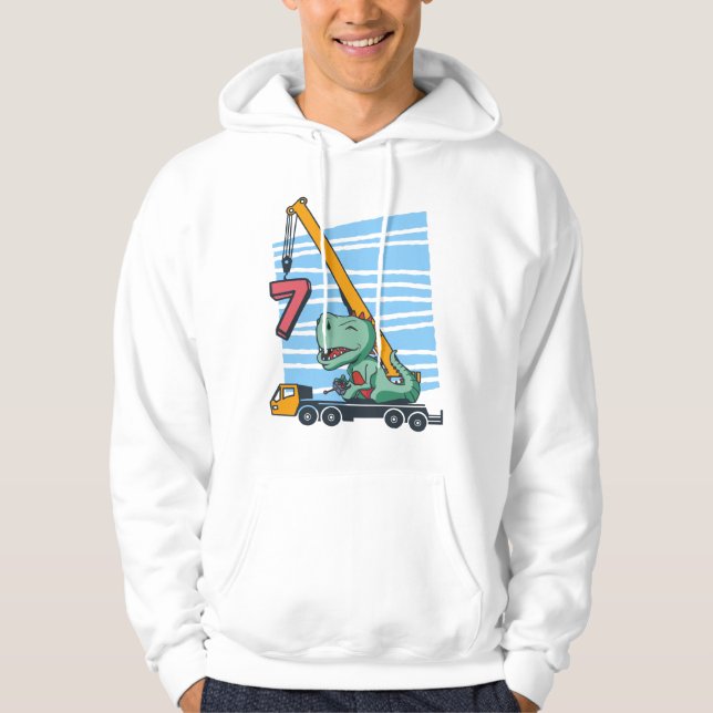 7 years 7th Birthday Mobile Crane Dinosaur Hoodie (Front)