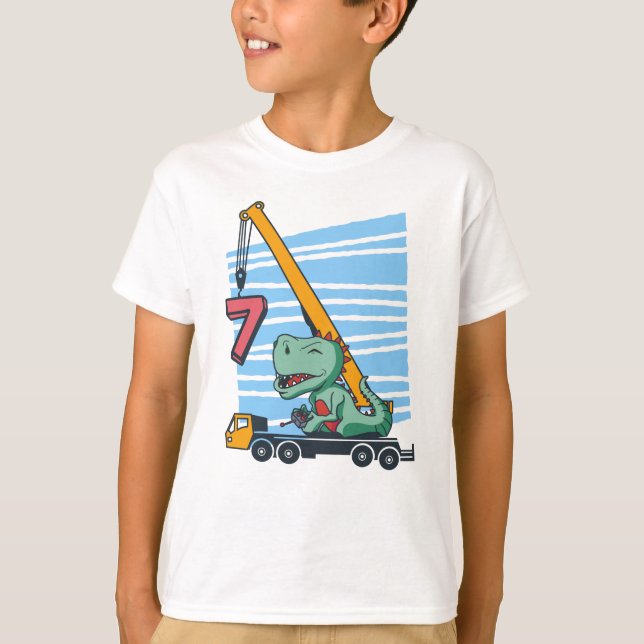 7 years 7th Birthday Mobile Crane Dinosaur T-Shirt (Front)