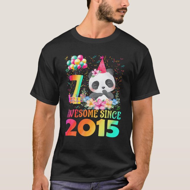 7 Years Old 7Th Birthday Panda Awesome Since 2015 T-Shirt (Front)