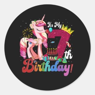 7 Years Old Its My 7Th Birthday Party Cute Unicorn Classic Round Sticker