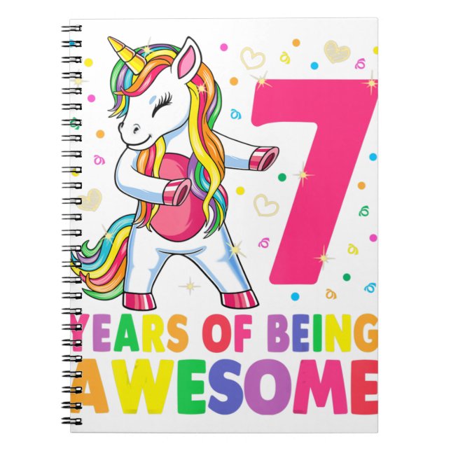 7 Years Old Unicorn Flossing 7th Birthday Girl Uni Notebook (Front)