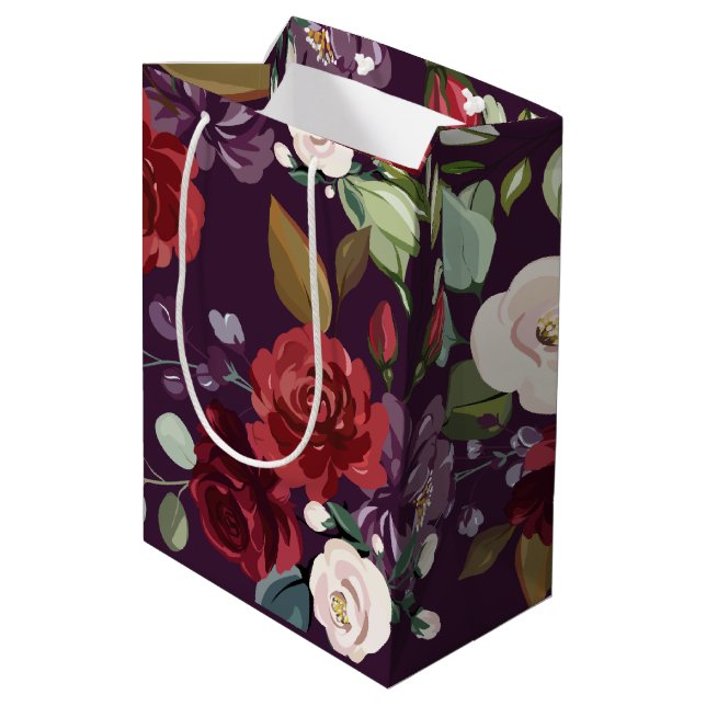 7lx4.5wx10h Medium Gift Bag Plum Purple Roses Gold (Back Angled)