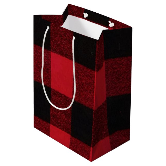 7lx4.5wx10h Medium Gift Bag Red Buffalo Plaid Bear (Back Angled)