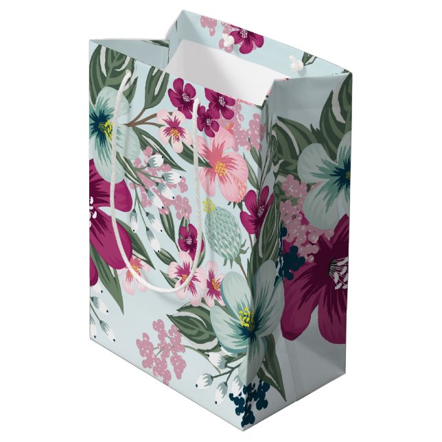7lx4.5wx10h Medium Gift Bag Tropical Flowers on Bl (Back Angled)