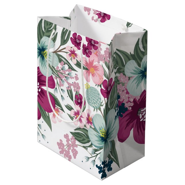 7lx4.5wx10h Medium Gift Bag Tropical Flowers on Wh (Back Angled)