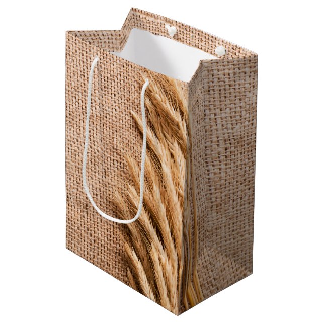 7lx4.5wx10h Medium Gift Bag Wheat on Burlap Sack C (Front Angled)