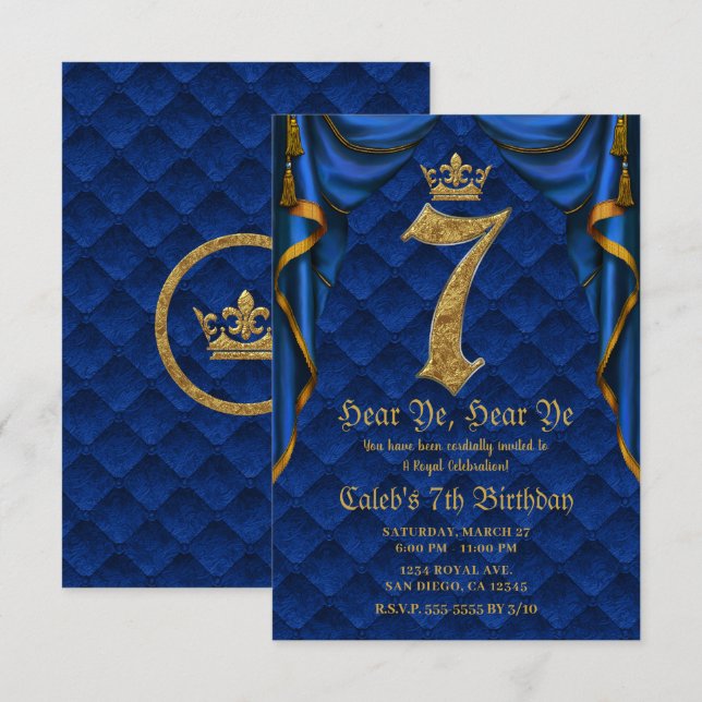 7TH 7 Birthday Party Royal Blue Gold Crown   Invitation (Front/Back)