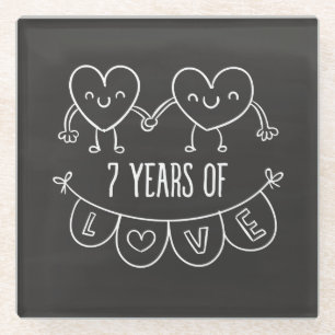 7th Anniversary Gift Chalk Hearts Glass Coaster