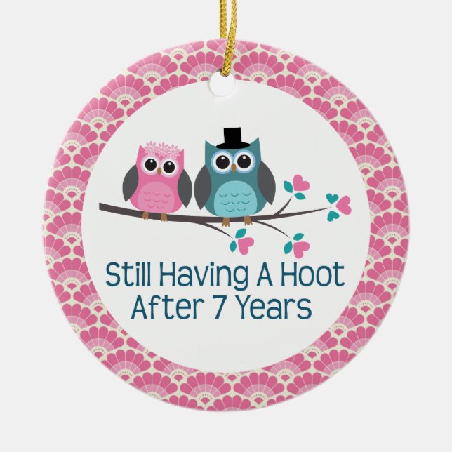 7th Anniversary Owl Wedding Anniversaries Gift Ceramic Tree Decoration (Front)