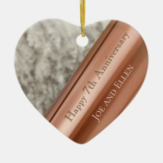 7th Anniversary, Wool and Copper Print Heart Keeps Ceramic Tree Decoration