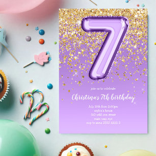 7th Balloon Glitter Purple Birthday Party Invitation