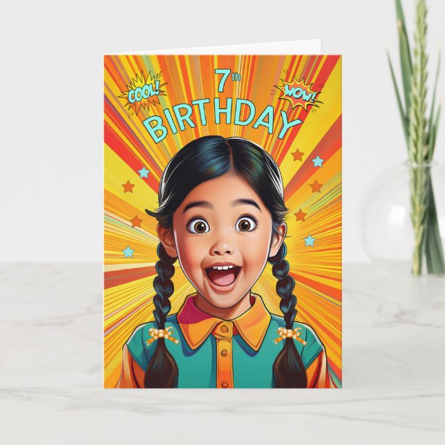 7th Birthday Asian American Girl Pop Art Style Card (Front)