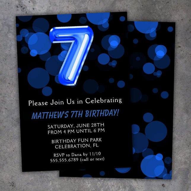 7th Birthday Balloons Kids Blue Boy Party Invitation (Creator Uploaded)