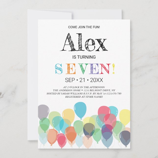 7th Birthday Balloons Party Invitation (Front)
