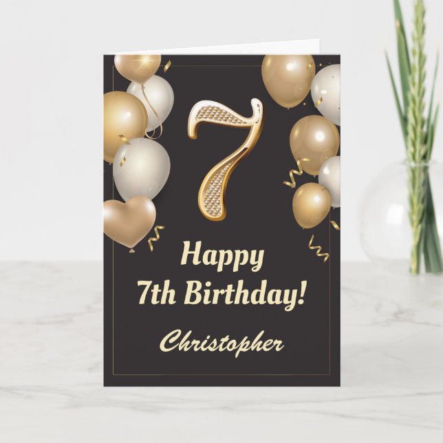 7th Birthday Black and Gold Balloons Confetti Card (Front)