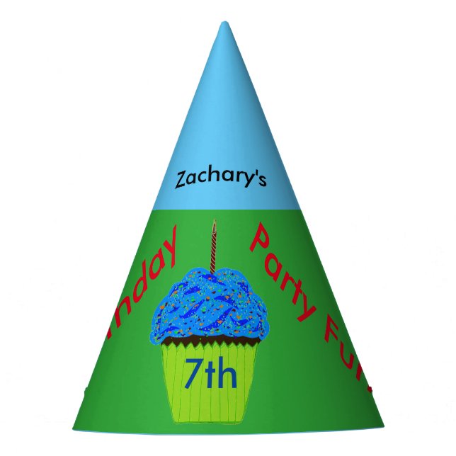 7th Birthday Blue Cupcake Personalised Any AGE Party Hat (Front)