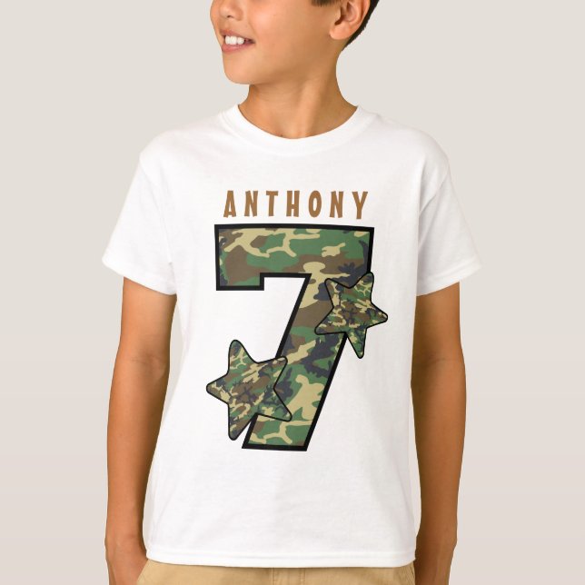 7th Birthday Boy Camo and Stars Custom Name V01G T-Shirt (Front)