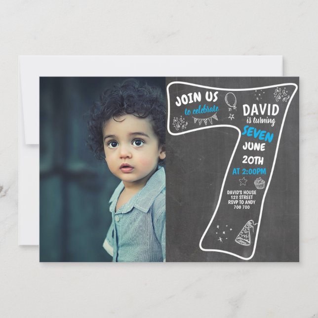 7th Birthday Boy Chalkboard with Photo Blue Number Invitation (Front)