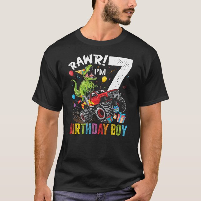7th Birthday Boy Dinosaur Monster Truck T-Shirt (Front)