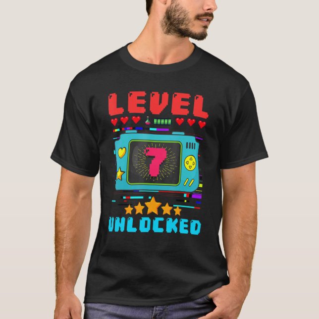 7th Birthday Boy Level 7 Unlocked Video Gamer Birt T-Shirt (Front)
