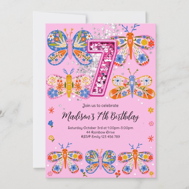 7th Birthday Butterfly Invitation (Front)