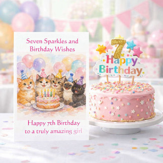 7th Birthday Card for Girls Festive Cat Party 