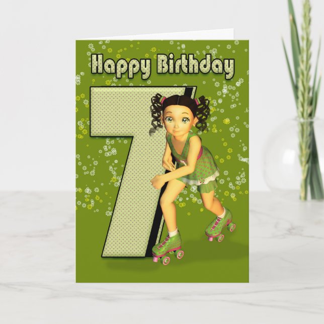 7th Birthday Card - Little Girl Skating (Front)