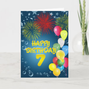 7th Birthday card with fireworks and balloons