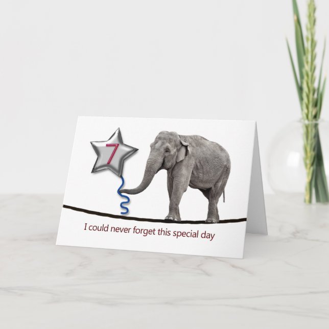 7th Birthday card with tightrope walking elephant (Front)