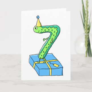 7th Birthday Cartoon, Green and Blue. Card
