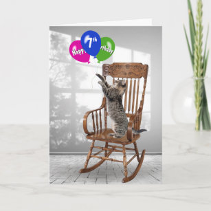7th Birthday Cat With Balloons Card